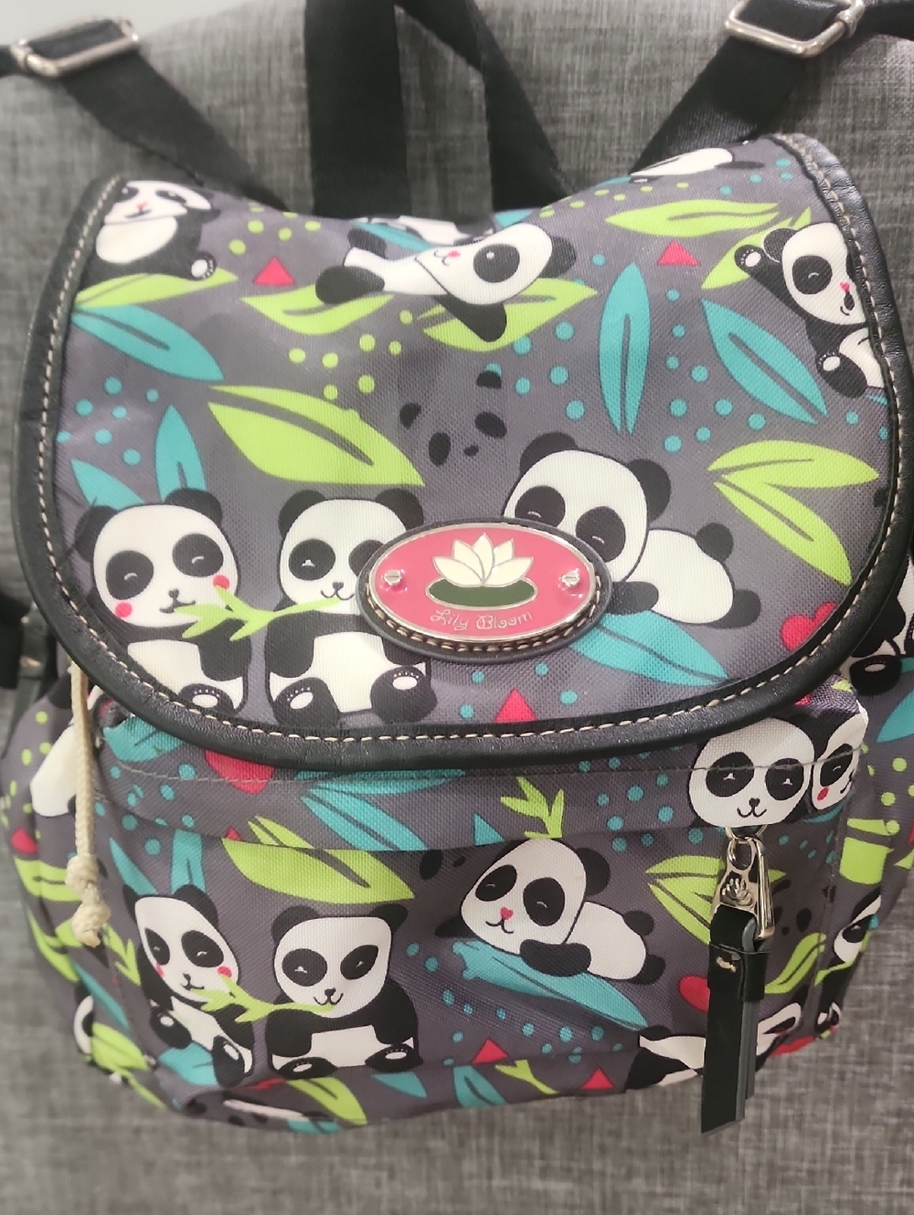 Lily Bloom Gray Panda Print Kids Backpack with Teal & Lime Accents
